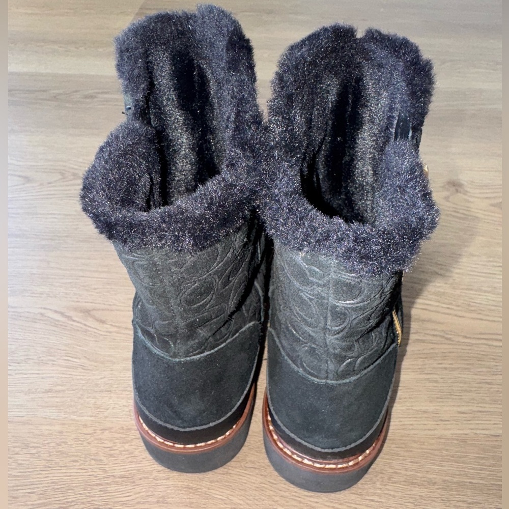 Coach Isa Jacquard Logo Fur Lined Suede Women’s Black Boots- Size 7.5 - Picture 6 of 14